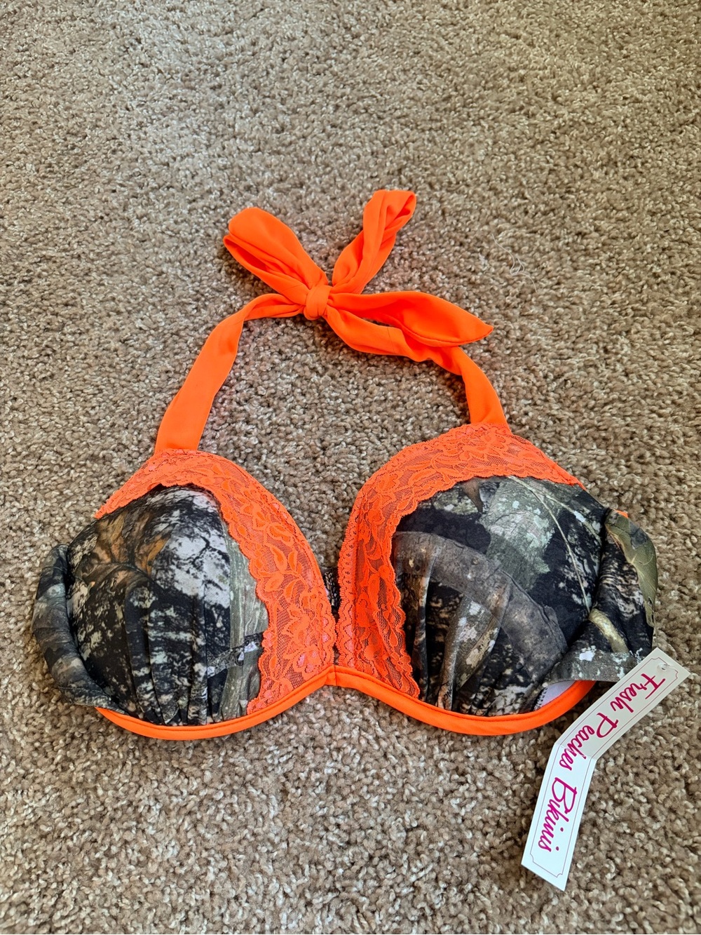 Fresh Peaches Orange Camo Lace Push-Up Halter Binkini top